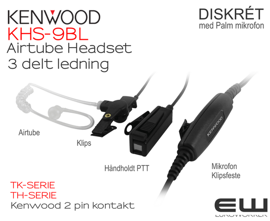 Kenwood KHS-9BL Diskrét Airtube Headset med 3-delt Ledning (NX-, TK- & TH-serie)