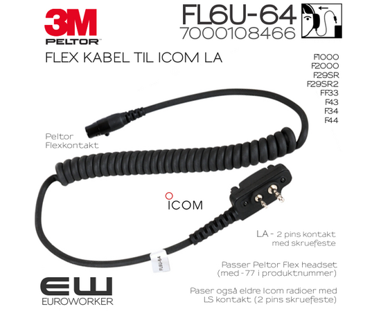 3M Peltor Flex kabel FL6U-64 for Icom LA-kontakt (7000108466)