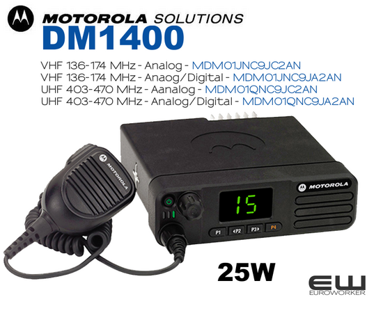 MOTOROLA-DM1400   VHF 136-174 MHz - Analog - MDM01JNC9JC2AN     VHF 136-174 MHz - Anaog/Digital - MDM01JNC9JA2AN     UHF 403-470 MHz - Aanalog - MDM01QNC9JC2AN     UHF 403-470 MHz - Analog/Digital - MDM01QNC9JA2AN