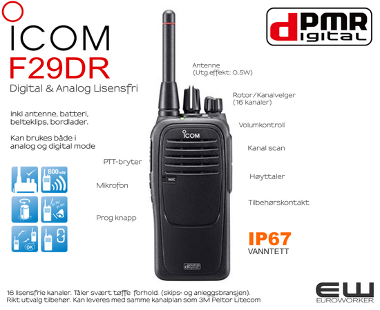 ICOM F29DR dPMR Digital Lisensfri Håndholdt Radio (446MHz)