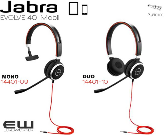 Jabra Evolve 40 Mono & Stereo 3,5mm Mobilheadset (14401-10 - 14410-09)