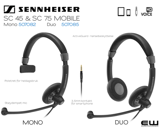Sennheiser SC45 (Mono) & SC75 (Duo) MOBILE Headset (3,5mm)-507082-507085