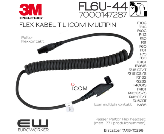 3M Peltor Flex kabel FL6U-44 til Icom (7000147287)