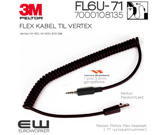 7000108135 - 3M Peltor Flex kabel til Vertex FL6U-71 (1 pins)