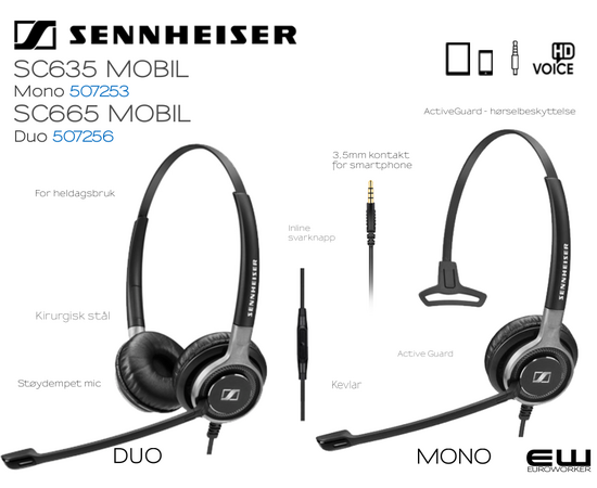 Sennheiser SC635 (Mono) og SC665 (Duo) mobilheadset med svarknapp (3,5 mm)