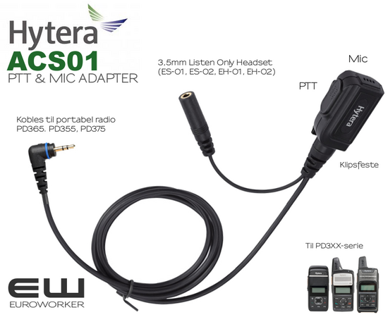 Hytera ACS-01  PTT adapter & MIC for 3,5mm Listen Only Earpiece (PD365, PD355, PD375)