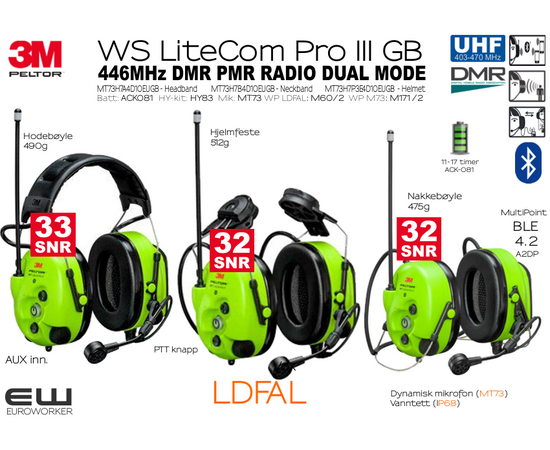 3M Peltor WS LiteCom Pro III DMR UHF Bluetooth Headset