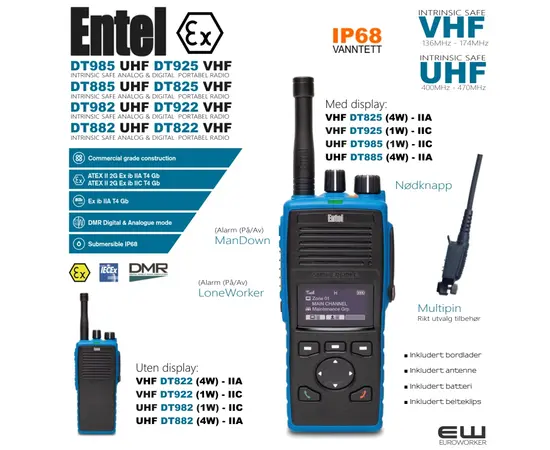 ENTEL DT885 (4W UHF) & DT985 (1W UHF), DT882 (4W UHF) & DT982 (1W UHF) og DT825 (4W VHF) & DT925 (1W VHF), DT822 (4W VHF) & DT922 (1W VHF) INTRINSIC SAFE DMR PORTABLE Radio