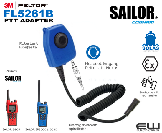 3M Peltor FL5261B Atex PTT Adapter til Sailor UHF & VHF (3965, 3560, 3530 ++),  7100113084