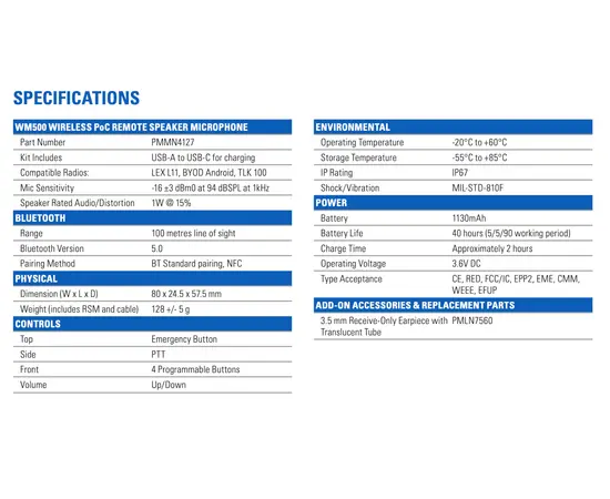 Motorola WM500 Trådløs Heavy Duty Håndholdt Mikrofon (BT, IP67, Wave), 4 image