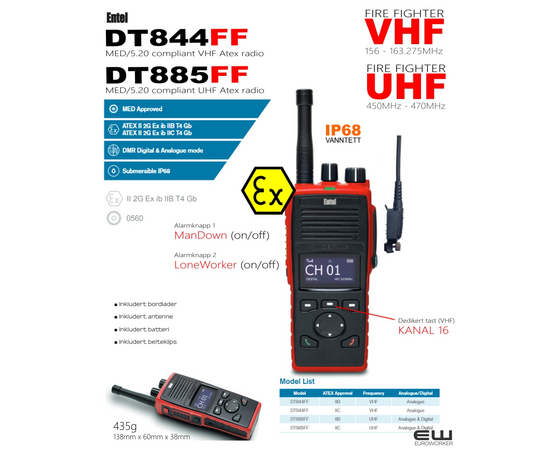 Entel DT885 FF (UHF) - Fire Fighter Radio Kit (Atex, IP68, SOLAS, MED/5.20 )