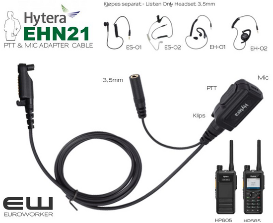 Hytera EHN21 PTT adapter & MIC cable for 3,5mm Listen Only Earpiece (HP605, HP685)