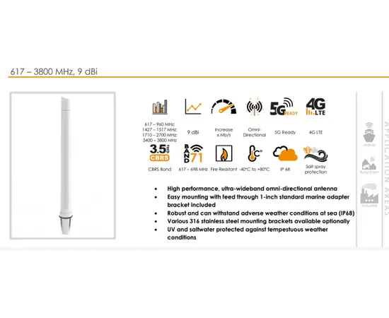 Poynting OMNI-493 4G-/5G-marineantenne 617-3800 MHz. Kraftig 4G-/5G-antenne