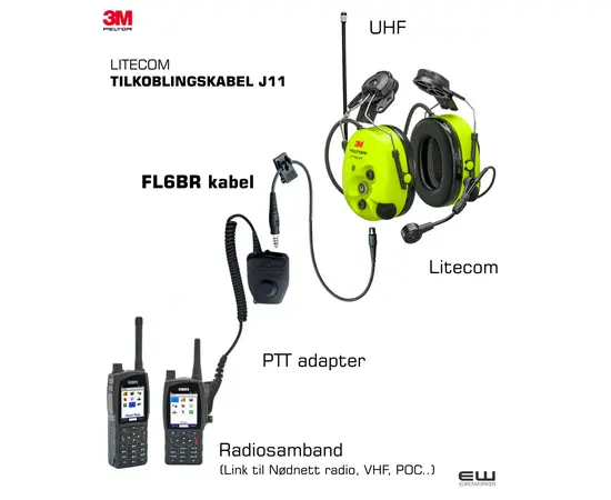 3M Peltor FL6BR Litecom J11 tilkoblingskabel eksternt samband - euroworker - nødnett