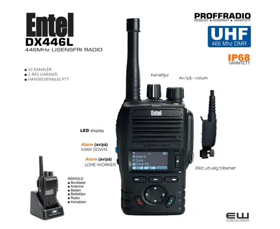 Entel DX446L Lisensfri Yrkesradio med DIsplay (IP68, 446MHz, LED)