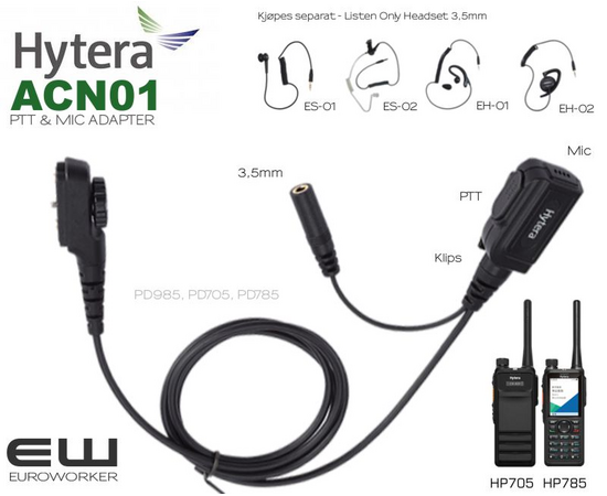 Hytera ACN01 PTT Headset med Inline MIC for 3,5mm Listen Only Earpiece (HP705, HP785)