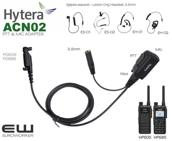 Hytera ACN02 PTT Headset med Inline MIC for 3,5mm Listen Only Earpiece (HP605, HP685)