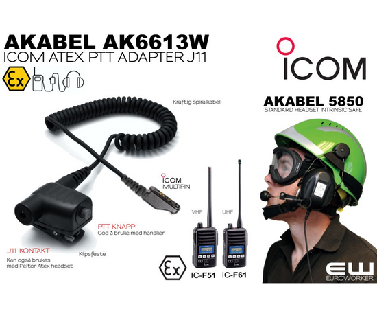 Akabel AK6613W - PTT Adapter Icom IC-F61 (UHF) og IC-F51 (VHF) (Atex, J11)