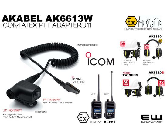 Akabel AK6613W - PTT Adapter Icom IC-F61 (UHF) og IC-F51 (VHF) (Atex, J11)