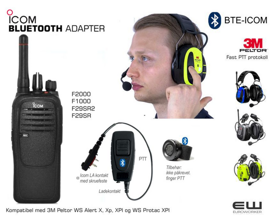 Bluetooth Headset & PTT Adapter for Icom F29SAR2, F2000.. (3M Peltor protokoll)