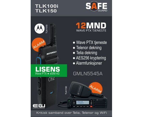 Løpetider:

    3mnd  (GMLN7664A)
    6mnd  (2xGMLN7664A)
    12mnd  (GMLN5545A)
    24mnd  (GMLN5546A)
    36mnd  (GMLN7661A)
    48mnd  (GMLN7662A)
    60mnd  (GMLN7652A)

Safeguard er et abonnement med mer avanserte alarmfunksjoner enn standard abonnement.
12 mnd Wave PTX Tjeneste
Telenor dekning
Telia dekning
Alarm ManDown og LoneWorker (NB. krever at radioen har disse funksjonene)