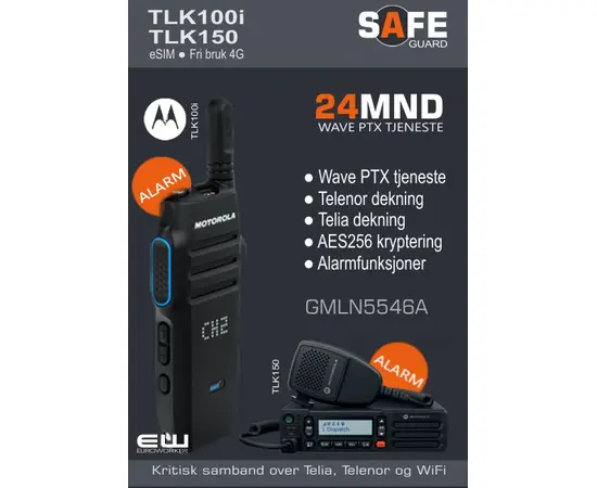 Løpetider:

    3mnd  (GMLN7664A)
    6mnd  (2xGMLN7664A)
    12mnd  (GMLN5545A)
    24mnd  (GMLN5546A)
    36mnd  (GMLN7661A)
    48mnd  (GMLN7662A)
    60mnd  (GMLN7652A)

Safeguard er et abonnement med mer avanserte alarmfunksjoner enn standard abonnement.
12 mnd Wave PTX Tjeneste
Telenor dekning
Telia dekning
Alarm ManDown og LoneWorker (NB. krever at radioen har disse funksjonene)