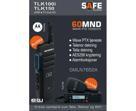 Løpetider:

    3mnd  (GMLN7664A)
    6mnd  (2xGMLN7664A)
    12mnd  (GMLN5545A)
    24mnd  (GMLN5546A)
    36mnd  (GMLN7661A)
    48mnd  (GMLN7662A)
    60mnd  (GMLN7652A)

Safeguard er et abonnement med mer avanserte alarmfunksjoner enn standard abonnement.
12 mnd Wave PTX Tjeneste
Telenor dekning
Telia dekning
Alarm ManDown og LoneWorker (NB. krever at radioen har disse funksjonene)