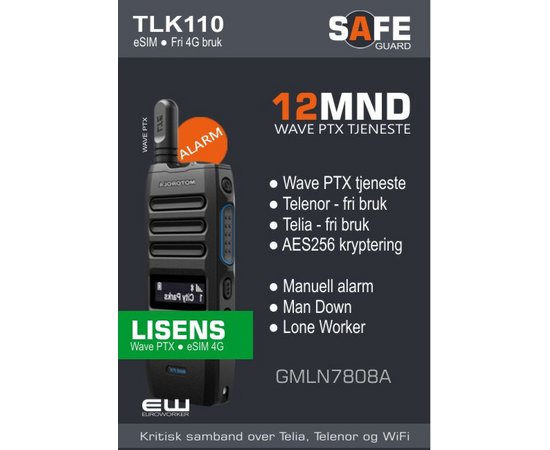 Motorola varekode: GMLN7808A
TLK110 abonnement
Type: Safeguard
12 mnd Wave PTX Tjeneste
Telenor dekning
Telia dekning
Alarm ManDown og LoneWorker
Ingen binding