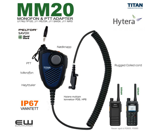 MM20 Monofon & Nøklingsbryter for Hytera PD6 og HP6-serie (J11, IP67)