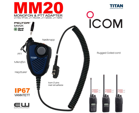 MM20 Monofon & Nøklingsbryter for Icom LA-kontakt (F29SR2, F2000m F1000, J11)