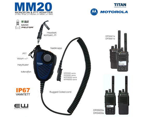 MM20 Monofon & Nøklingsbryter for Motorola DP2400e og DP3441e (J11, IP67)