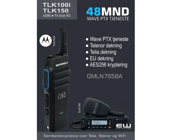 Lisens for Motorola TLK100i og TLK150
        Gir kombinert dekning over Telenor og Telia, samt WiFi roaming til egne nettverk
        Abonnementet gir også fri bruk og dekning over fleste mobiloperatøreer i EU
        Plattform: Motorola Wave PTX
        Bedriften logger på egen webadmin hos Motorola oppsett og styring av tjenesten.
        Pris gjelder 12mnd tjeneste, eller velg ønsket løpetid fra menyen. Lengre løpetid gir redusert pris pr mnd:

            3mnd  (GMLN7660A)
            6mnd  (2xGMLN7660A)
            12mnd  (GMLN5543A)
            24mnd  (GMLN5544A)
            36mnd  (GMLN7657A)
            48mnd  (GMLN7658A)
            60mnd  (GMLN7659A)

        Telenor dekning
        Telia dekning
        EU dekning
        Ingen binding