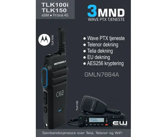 Lisens for Motorola TLK100i og TLK150
        Gir kombinert dekning over Telenor og Telia, samt WiFi roaming til egne nettverk
        Abonnementet gir også fri bruk og dekning over fleste mobiloperatøreer i EU
        Plattform: Motorola Wave PTX
        Bedriften logger på egen webadmin hos Motorola oppsett og styring av tjenesten.
        Pris gjelder 12mnd tjeneste, eller velg ønsket løpetid fra menyen. Lengre løpetid gir redusert pris pr mnd:

            3mnd  (GMLN7660A)
            6mnd  (2xGMLN7660A)
            12mnd  (GMLN5543A)
            24mnd  (GMLN5544A)
            36mnd  (GMLN7657A)
            48mnd  (GMLN7658A)
            60mnd  (GMLN7659A)

        Telenor dekning
        Telia dekning
        EU dekning
        Ingen binding