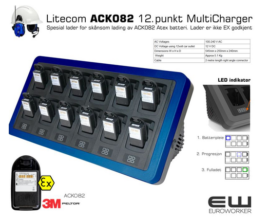 12 Punkt Rekkelader til 3M Peltor LiteCom ACK082 Atex batteri