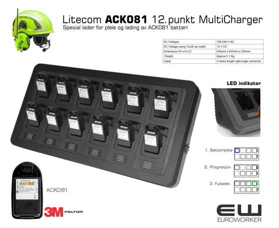 12 Punkt Rekkelader til 3M Peltor LiteCom ACK081 batteri