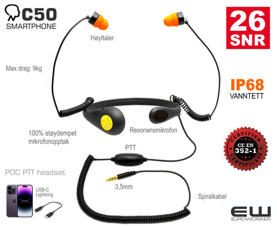 Tactical Headsets C50 Smartphone POC PTT Headset (PTT, IP68, 3,5mm)