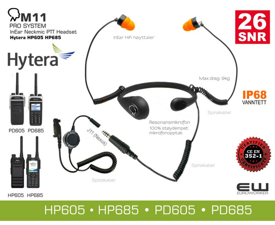 M11 Pro System Inear Neckmic PTT Headset for Hytera HP605 HP685 (SNR26, IP68)