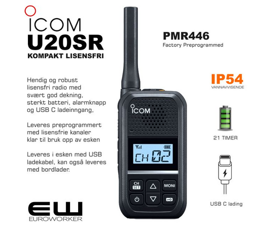 Icom U20SR Ultra Compact Lisensfri Radio (446MHz, Analog)