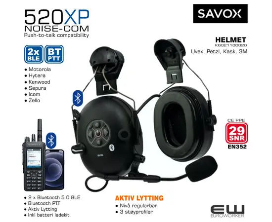 Bluetooth PTT kompatibilitet med følgende bluetooth radiosamband:

    Motorola: MotoTRBO E-serien
    R7-serie
    TLK100, TLK110, TLK 150
    Tait: TP9000-serien
    Kenwood: NX-3000 serie
    Kenwood NX-5000 serie
    Hytera: H-serien, X1
    Sepura: STP9000, SC2020, SC21
    ICOM: F52/62, F3400/F4400
    Caltta: PH600-serien 
    Zello
    Wave PTX app
K6021100020  HELMET - K6021100010  - HEADBAND