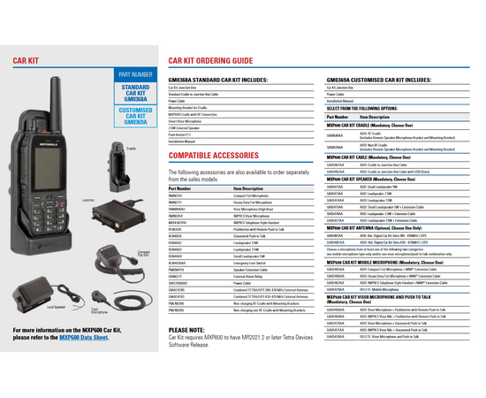 Motorola  GM0368A . MXP600 STANDARD CAR KIT_PMLN6662A Car Kit Junction Box
PMKN4169A Cradle to Junction Box
Cable 30012040002 Power Cable
FTN6376A Mounting Bracket for Cradle
PMLN6240A Remote Speaker Mic Mounting Bracket
PMLN8306A MXP600 Non Charging Cradle with RF connection
RMN5054B Smart Visor Microphone RSN4003A 7.5W
External Speaker RLN5926A
Push Button PTT MN007821A01
Installation Manual MN007820A01
User Guide