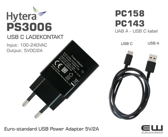 Hytera PS3006 USB C Power Adapter (EU Socket)
    PS3006 USB C LADEKONTAKT
    Output: 5VDC/2A
    Input: 100-240VAC
    PC158: Kabel USB A - USB C