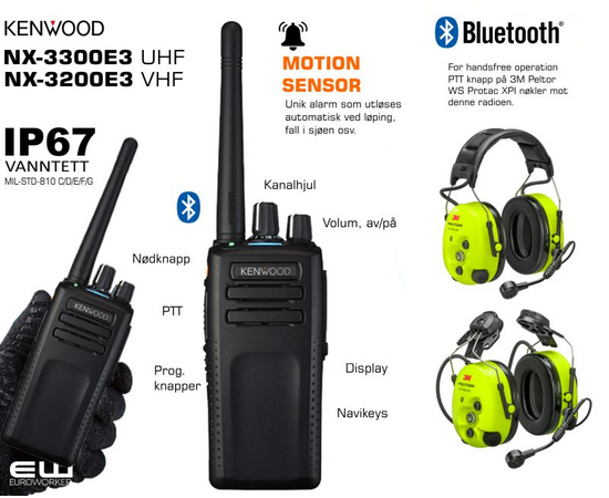 Bundle Kenwood  NX-3200E3 (VHF) NX-3300E3 (UHF) med rekkelader (Bluetooth, GPS)