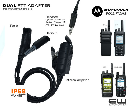 The DRI-TAC-PTT2 is an IP68 rated Tactical Push to Talk allowing connection of 2 radio systems. The internal amplifier is designed to accept headsets using either dynamic, or electret microphones. The product is compatible with Juma, and 3M Peltor headsets fitted with a 4-pole Nexus socket.