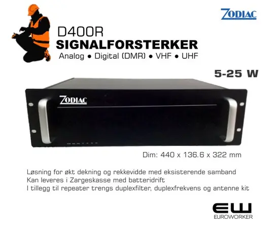 Zodiac D4000R er en brukervennlig repeater. Repeateren kan benyttes både i analog og digital modus. Den gjenkjenner det innkommende signalet og gjentar signalet automatisk. Time Division Multiple Access (TDMA)-teknologien tillater to (2 Time Slot Capability) brukerkanaler sammenlignet med den tradisjonelle FDMA (Frequency Division Multiple Access). Dette er den samme TDMA som Zodiac D-serien, Hytera, Motorola og andre store aktører. Repeateren støtter DMR TIER II og gjør den egnet for bruk med andre merker som bruker analog FM- eller DMR-modus. Den kan også settes opp i cross-band. 

 
Tekniske spesifikasjoner:
Frekvens: VHF 136-174 MHz. (leveres også i UHF)
Antall kanaler: 1
Spenning: 13.8V DC ±20%
Kanalavstand: 12.5/25kHz
Sendereffekt: 5-25 W.
Driftstemperatur: -30 til + 60°C.
Dimensjoner bxhxd: 440 x 136.6 x 322 mm.
Vekt: 10 kg. (inkl. duplex-filter)