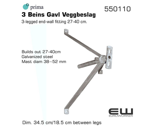 3 Beins Gavl Veggbeslag for Antenne
    3-legged end-wall fitting 27-40 cm.
    Builds out 27-40cm
    Galvanized steel
    Mast diam 38~52 mm
    Dim. 34.5 cm/18.5 cm between legs