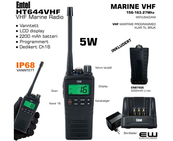Entel HT644 VHF Marine Portable Radio (156-163.275MHz 5W Marine )