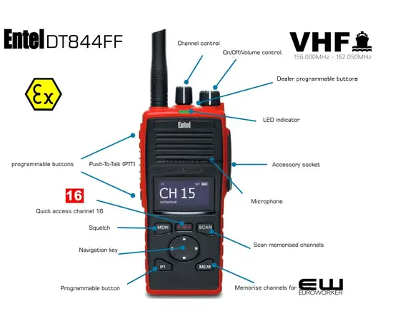 Entel DT844FF Marine VHF Atex IIB Fire Fighter (Programmert, inkl Batteri og Rapid Charger)