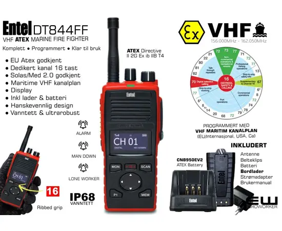Entel DT844FF Marine VHF Atex IIB Fire Fighter (Programmert, inkl Batteri og Rapid Charger)