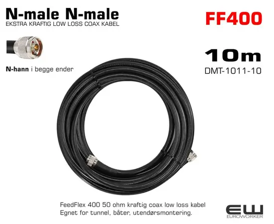 10m
    LOW LOSS COAX KABEL
    N-male N-male kontakt i begge ender
    50 ohm kraftig coax low loss kabel
    Egnet for tunnel, båter, utendørsmontering.