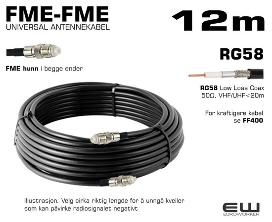 UNIVERSAL ANTENNEKABEL - 12m (FME-hunn, FME-hunn, RG58, Coax Low Loss)